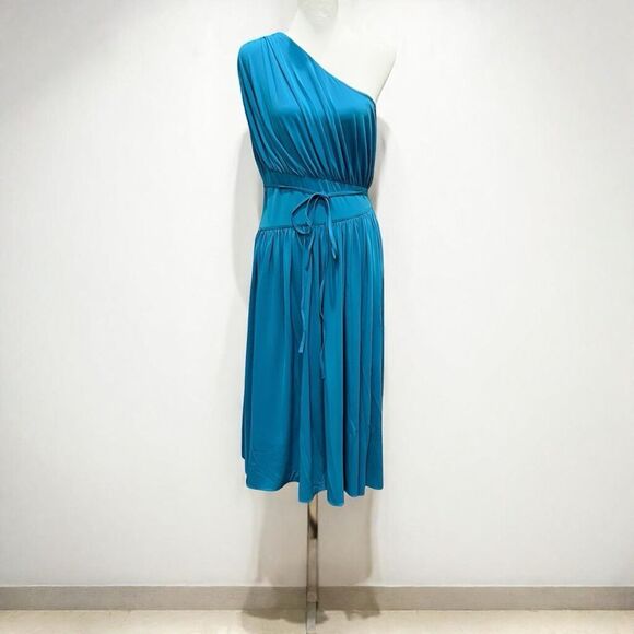 Halston Idalia One Shoulder Ruched Midi Dress Stretch Cocktail Blue Teal 10 NWT - Picture 5 of 13